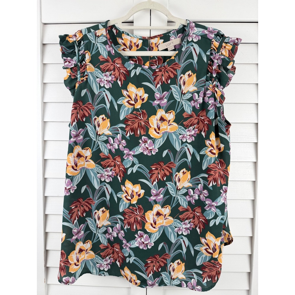 LOFT Ruffle Sleeve Blouse Women XXL Green Floral Print Shell Top